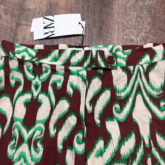 NWT Zara Printed Wide Leg Cotton Pants Sz XS Green & Brown 70s Boho - Picture 8 of 9